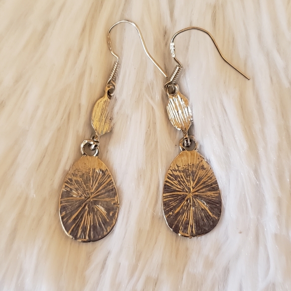 Silvertone Blue Green Stone Dangle Earrings - Picture 2 of 4